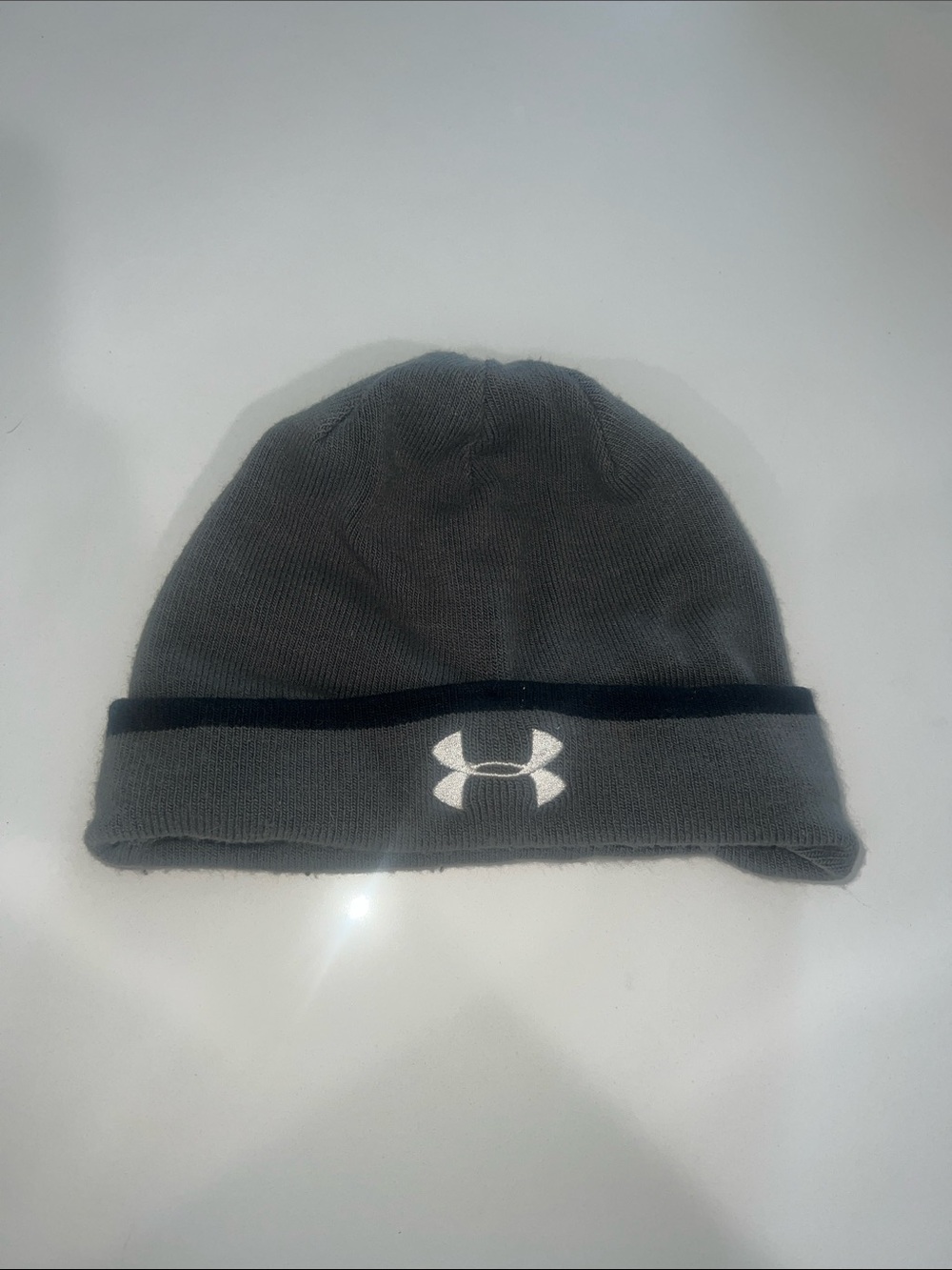 Under Armour Gray Knit Beanie with White Logo and Black Trim